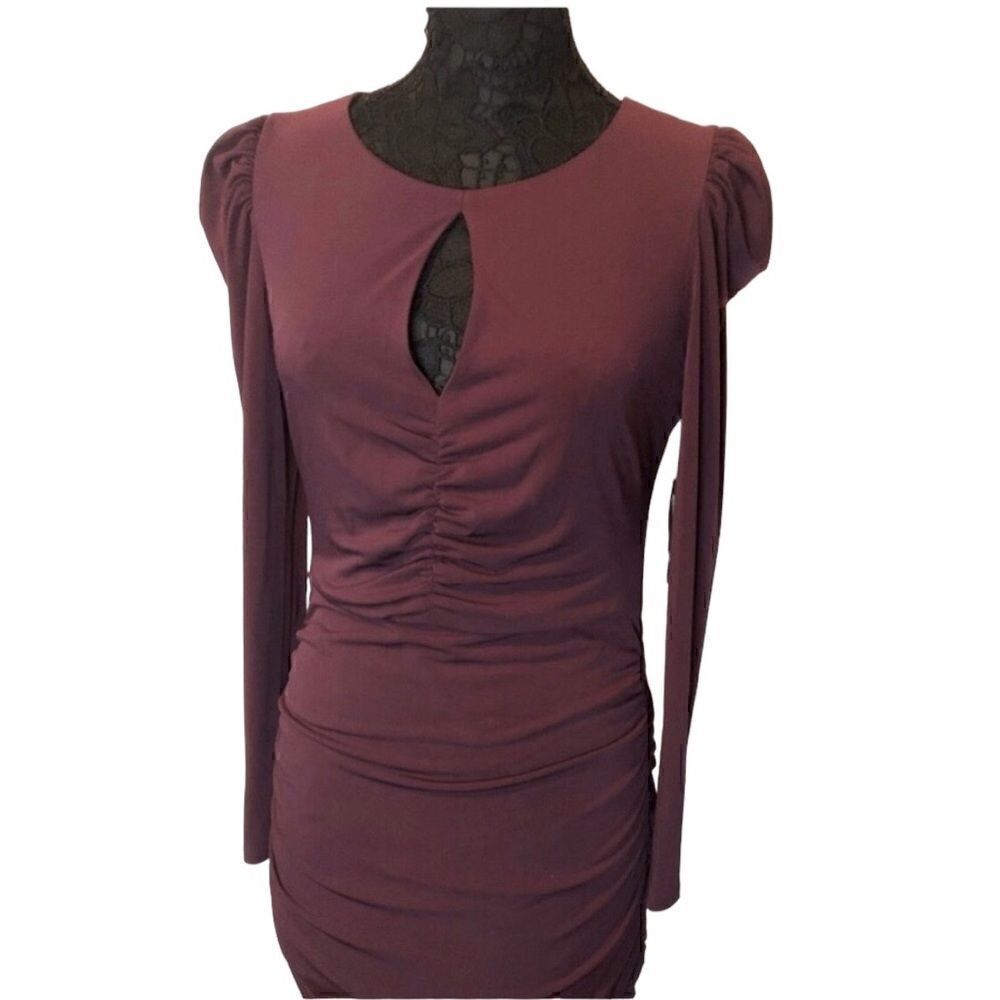 NWT GUESS Burgundy Wine Purple Long Sleeves Fitted Stretch Fabric Dress